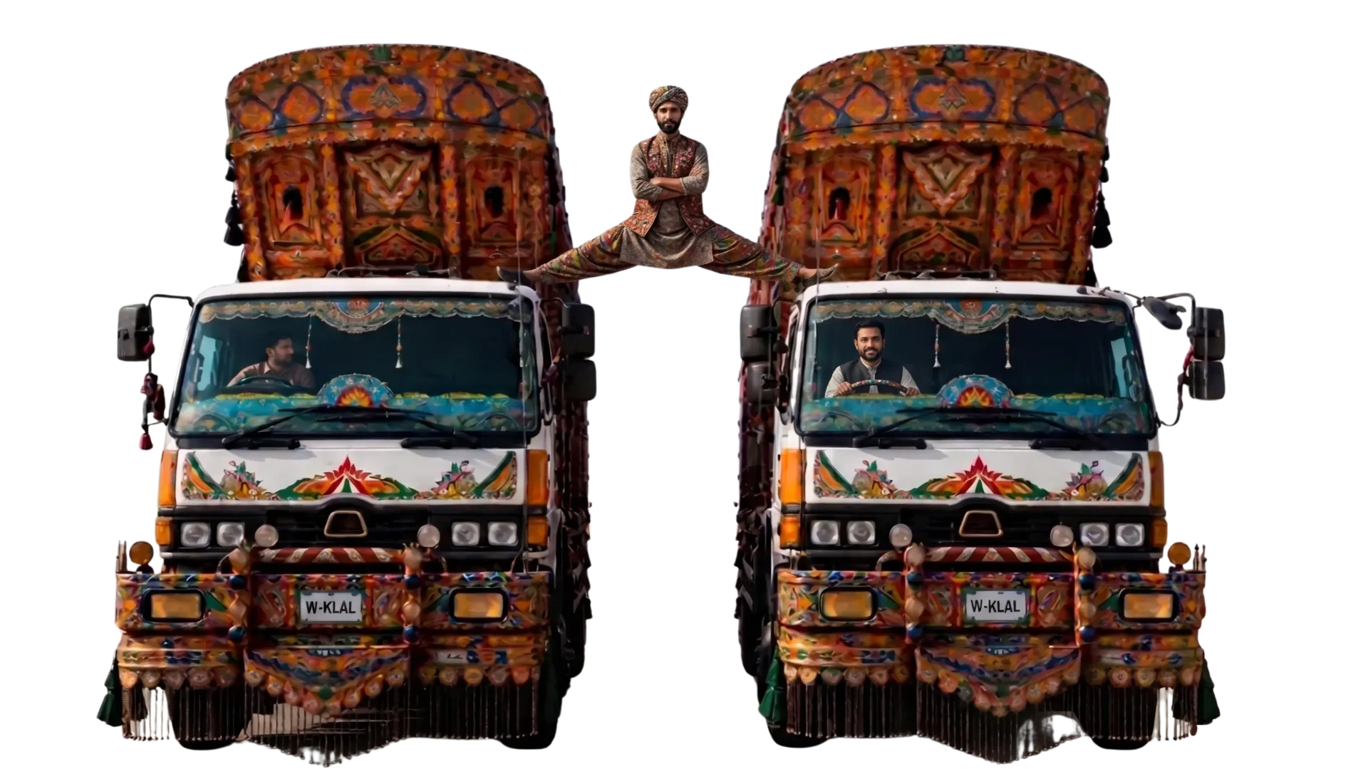 Two ornate jingle trucks with a strongman doing the splits between their roofs